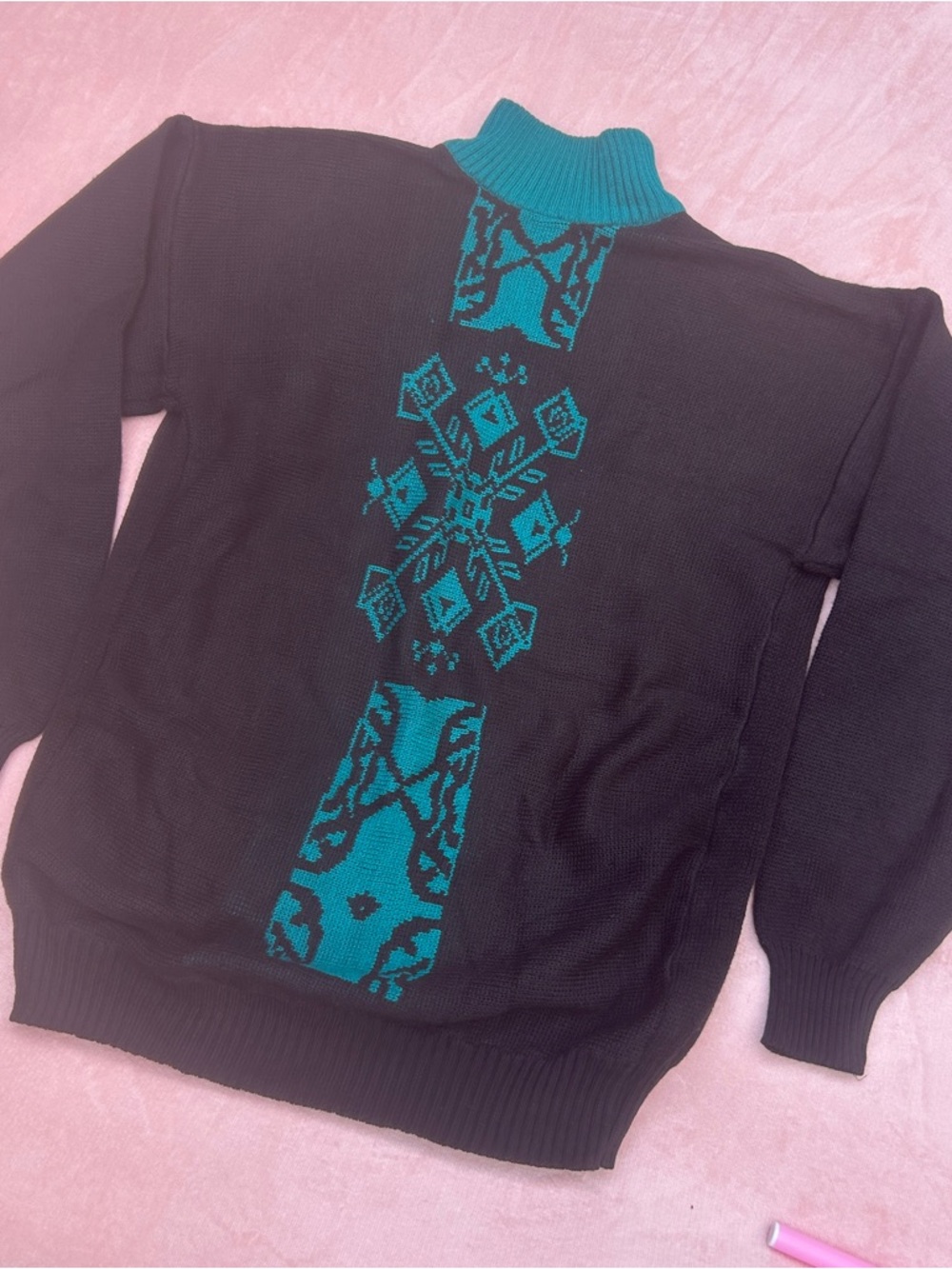 Vintage 80s Sweater Mock Neck Medium Black Green Van Ort Artsy Maximalist Top